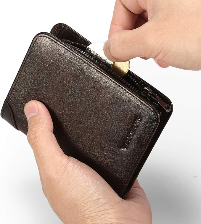 MANBANG Mens Wallet Zipper Genuine Leather RFID Card Holders Cowhide Zip Coin Pocket Bifold wallets for men