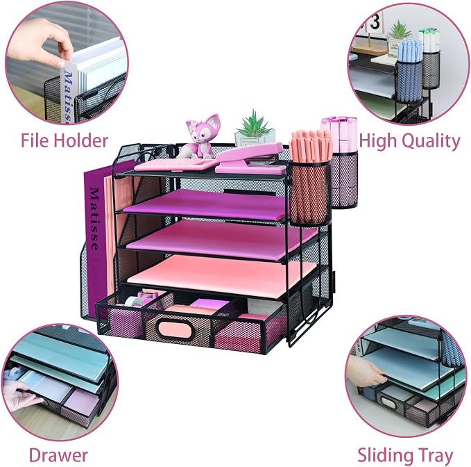 Desk Organizers and Accessories with File Holder, 5-Tier Paper Letter Tray Organiser with Drawer and 2 Pen Holder, Mesh Desktop Document Organizer for Office Supplies, Workspace - Black