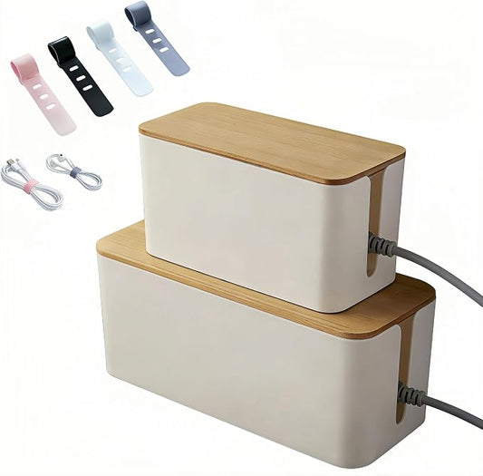 1 Large + 1 Small Cable Management Box Set – 2-Piece Cord Organizer Box, Home Office Desk Wire Storage & Cable Management Solution (Bamboo Lid/White)
