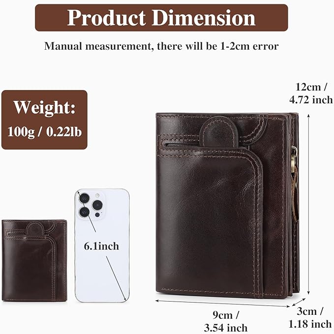 BAIGIO Genuine Leather Wallets for Men, Large Capacity Mens Bifold Wallet Leather RFID Blocking with Huge Zip Coin Pocket, 14 Credit Card Slots, Men's Cash Wallet in Gift Box, Brown