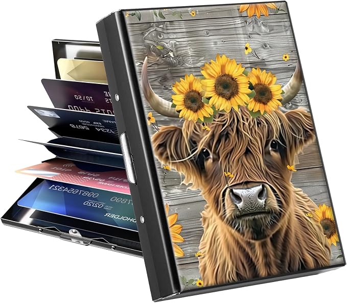 Metal Wallet for Women Men Girls, RFID Blocking Slim Aluminum Credit Card Holder, Mini Travel Wallet with Hard Shell, Lightweight ID & Business Card Case,Cow Wood