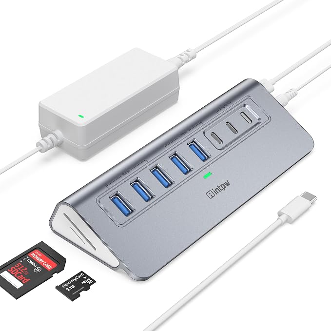 Powered USB Hub 10Gbps, Intpw YH6AC Plus 10 Port USB 3.2 Hub(USB A/USB C 3.2+3 USB-A 3.0+2 PD 45W Fast Charging Port+SD/TF Card Reader), 65W Power Adapter,Aluminum USB HUB for PC,Laptop,iPhone 17/16