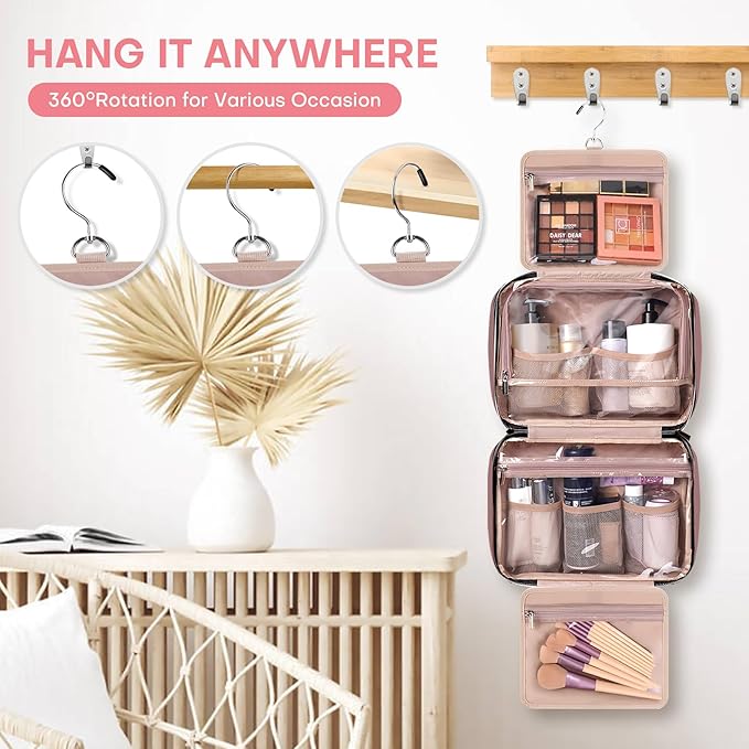 HXLGMD Travel Size Toiletry Bag for Women, Portable Cosmetic Bag with Hanging Hook, Travel Essentials Water-resistant Makeup Organizer for Accessories, Shampoo, Full-size Container, Toiletries