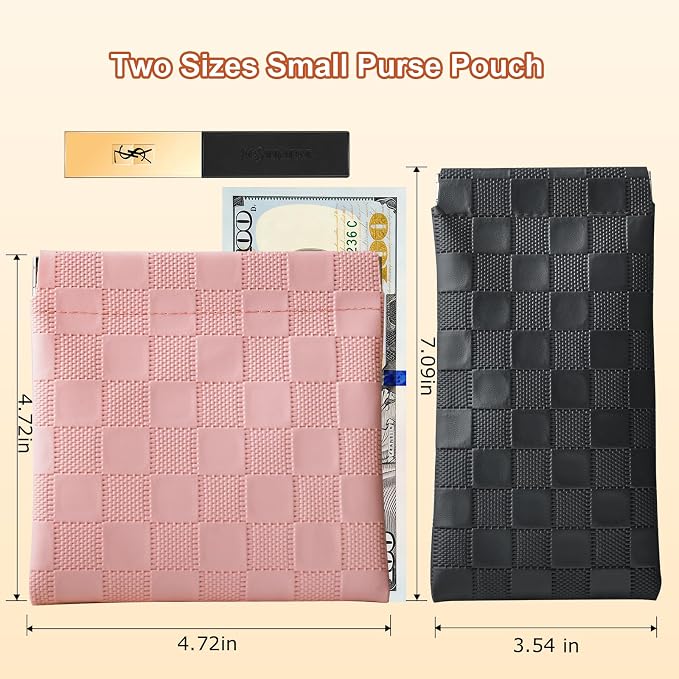 6 Pack 2 Sizes Small Makeup Bag for Purse, Checkered Snap Closure Pouches for Purse, PU Leather Coin Purse for Women, Mini Travel Organizer for Cosmetics Sunglasses Cash Lip Gloss Lipstick