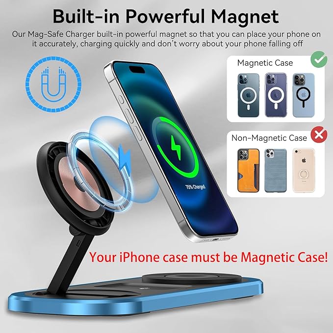 3 in 1 Fast Wireless Charger Stand for iPhone, Foldable Travel Charging Station for Magsafe for iPhone 17/Air/16/15/14/13/12 Series, Apple Watch Series, AirPods pro/2/3/4, 2025 Christ mas Gifts (Blue)