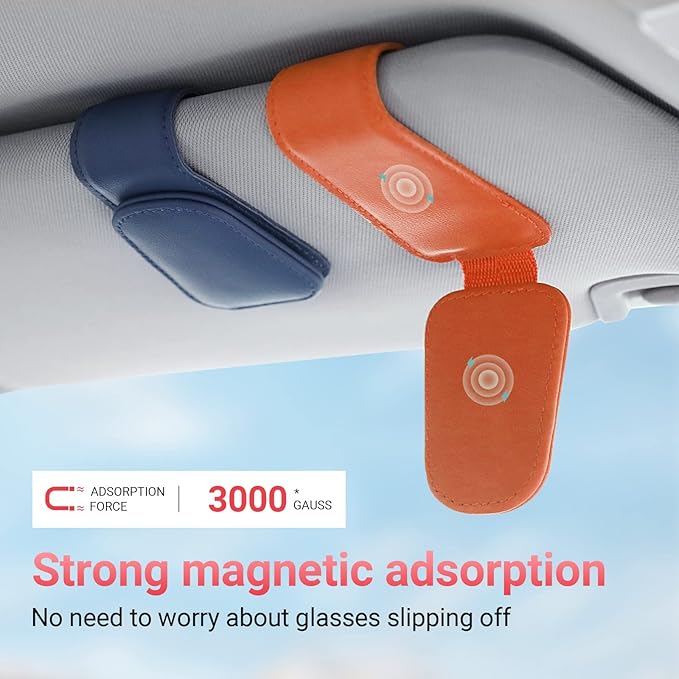KanSmart Sunglass Holder for Car Visor Sunglasses Clip Magnetic Leather Glasses Eyeglass Holder Truck Car Interior Accessories Universal for Woman Man -Orange