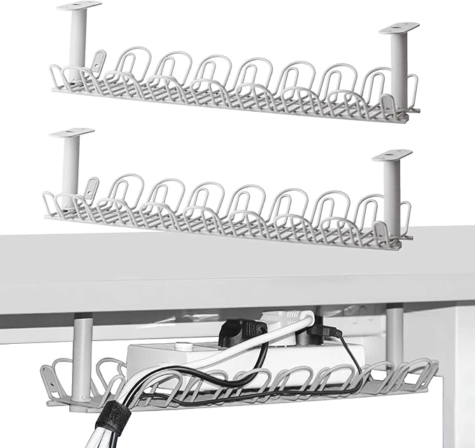 2 Packs Cable Management Tray, 14 inch Under Desk Cable Holder for Wire Organization, Heavy Metal Cord Organizer Ideal for Computer Home Office Standing Desks to Hide Power Strips (Gray)