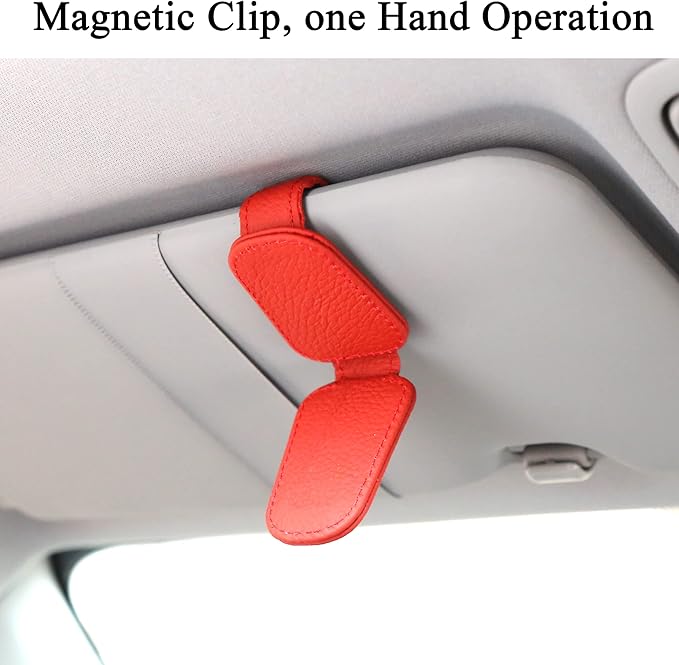KIWEN 2 Packs Sunglasses Holders for Car Visor, Magnetic Leather Glasses Eyeglass Clip for Car, Ticket Card Clip Sunglasses Mount, Car Visor Accessories Gadgets (2, Red)