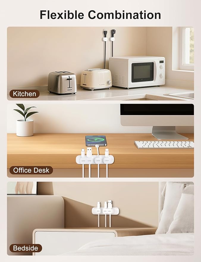 6 Pack Magnetic Cable Clips [1s Open/Lock], Laitver Cord Organizer Holder Strong Adhesive Desk Cable Management- Organize Charging Cords Neatly for Home, Office, Car,Desk, Nightstand