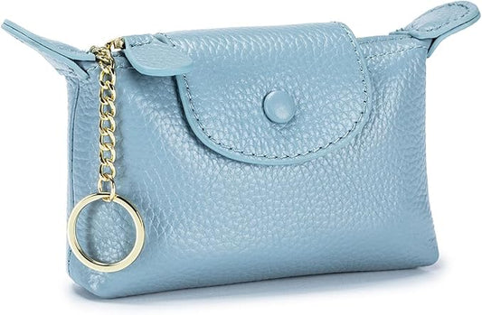 Women's Genuine Leather Mini Coin Purse and Wrist Bag - Coin Organizer, Change Holder, Card Case, Zipper Storage Bag in Water Blue