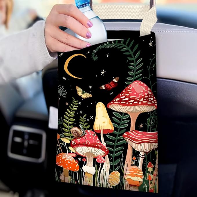 Car Trash Bag Hanging No Snap Small Garbage Bag for Car Back Seat Cute Printed One-handed Strap Trash Bags Car Accessories-Mushroom Car Trash Bags