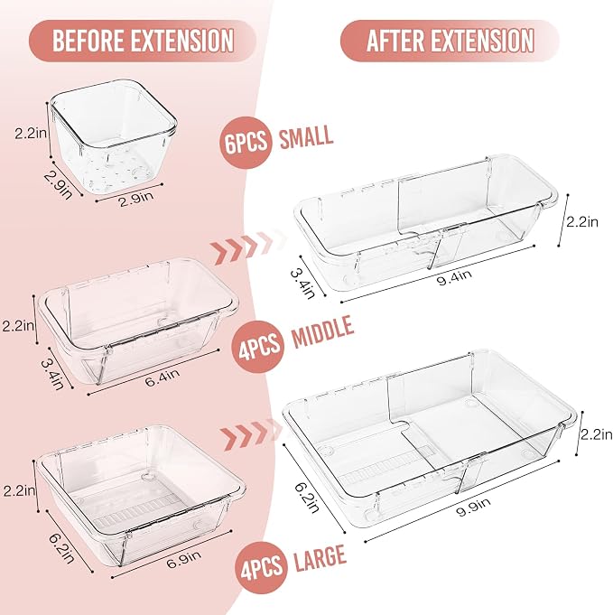 IAMGlobal 14PCS Expandable Drawer Organizer, Clear Drawer Organizers | Acrylic, Transparent, 3-Size, Adjustable, Expanding, for Makeup, Storage, Vanity, Bathroom, Bedroom, Kitchen, Office