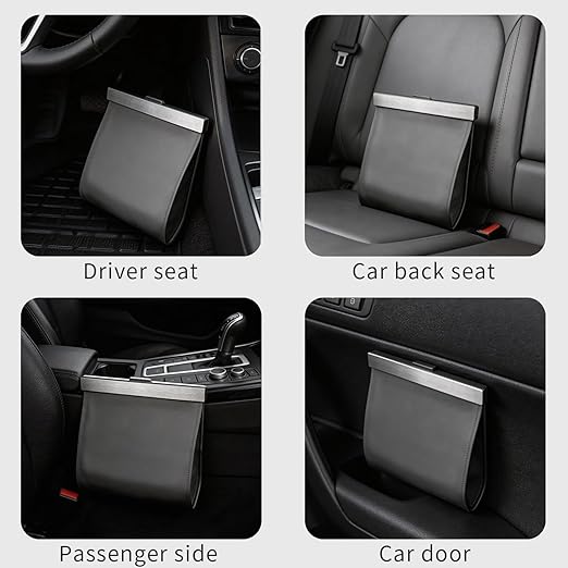Leather Car Trash Can with Smart LED Light & Magnetic Closure, Hanging Car Trash Bag, Small Car Trash Can, Leak-Proof, Odor-Lock Car Trash Bin for Any Cars, Sedans, SUVs, Trucks, Black