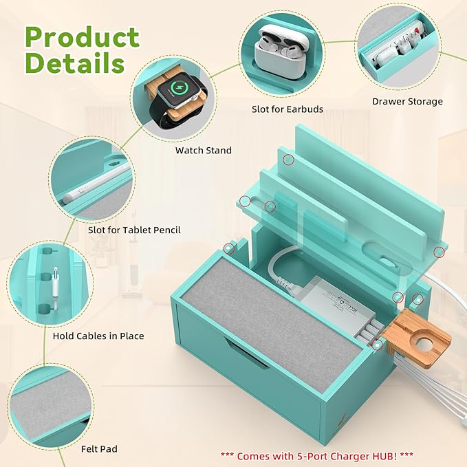 Pezin & Hulin Bamboo Charging Station for Multi Device, with Power Charger & Cables, Nightstand Docking Stand with Felt Pad Tray & Drawer, Compatible with Tablet, Cell Phone, Smart Watch-Teal