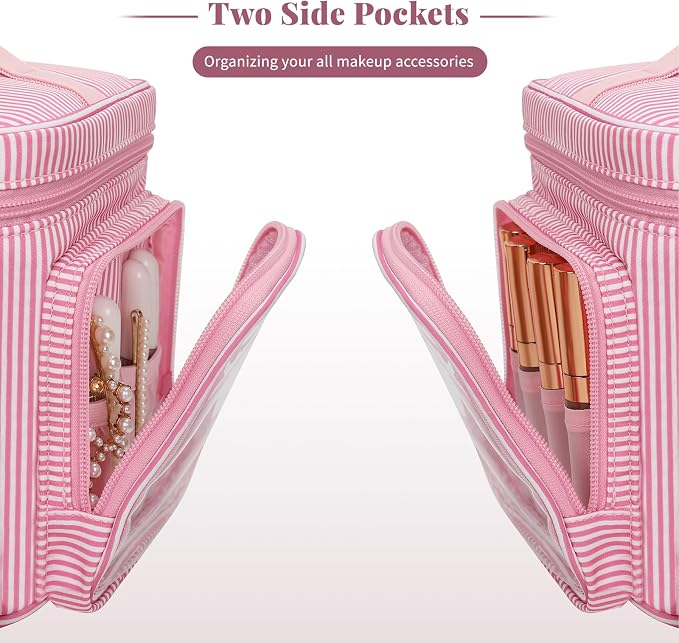 Large Makeup Bag, Portable Travel Makeup Bag Organizer for Women Girls with Makeup Brush Compartment & Two Side Pockets, Cosmetic Travel Bag Vertical Storage Toiletry Bag - Pink Stripe