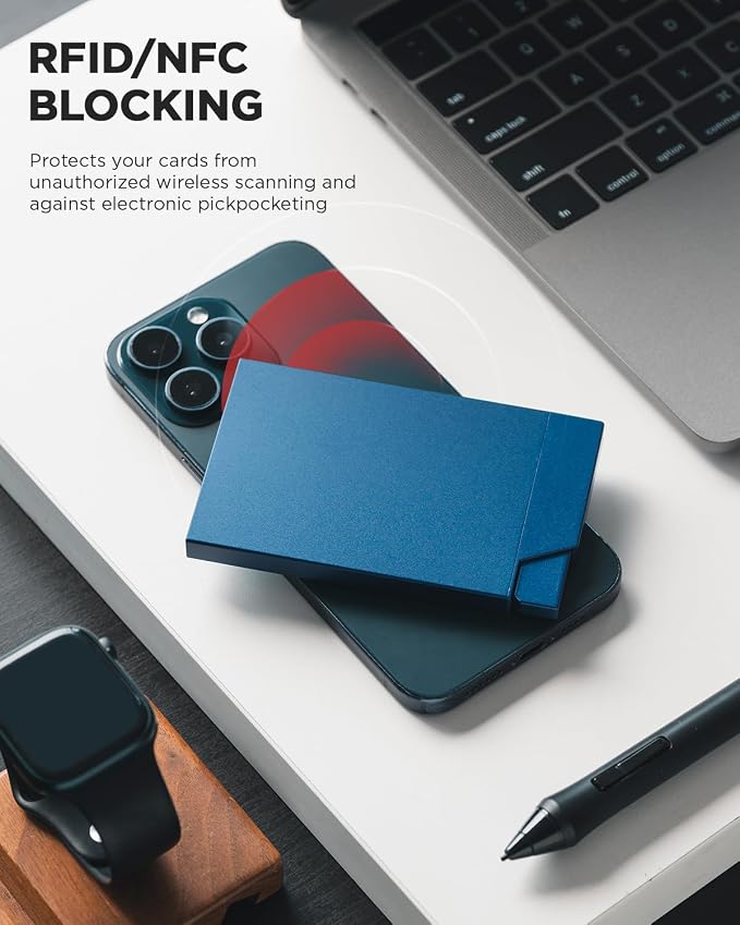 VULKIT Pop up Card Holder Minimalist Credit Card Holder RFID Blocking Slim Metal Card Case for Men or Women (Navy)