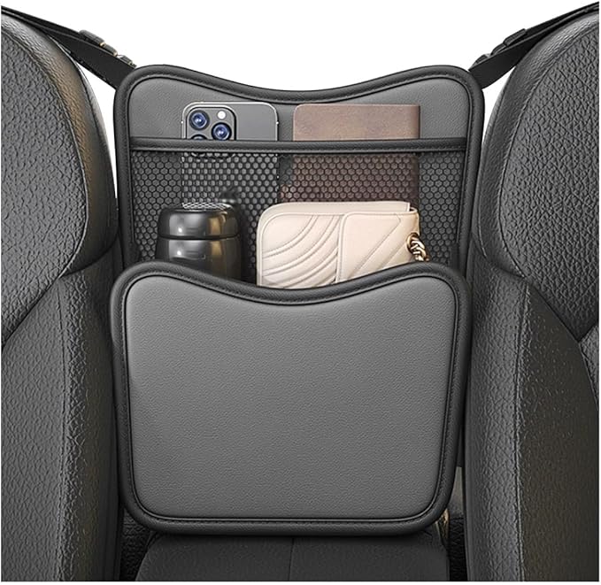 DXNQ Car Organizer Storage Between Seats, Leather Large Capacity Automobile Handbag Hanging Store Content Bag, Auto Console Organizer Holder for Snack Phone Document Storages, Car Accessories (Gray)