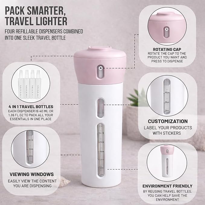 Travigo 4-in-1 Travel Dispenser Bottle, TSA Approved, Leak Proof, Four Reusable 1.4 oz. (40 mL) Toiletry Containers for Shampoo, Conditioner, Soap, Lotion, Skincare (Pink)