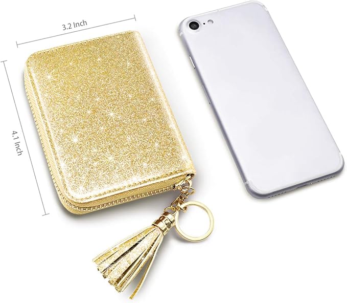 Coco Rossi Women's Small Credit Card Wallet RFID Cute Glitter Card Holder for Women, Gold
