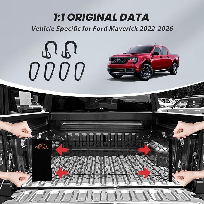 Truck Bed Cargo Net for Ford Maverick 2022-2026, Envelope Style Pickup Truck Bed Net for Maverick Accessories, Upgraded Trunk Cargo Net Storage Bag with Metal Carabiners