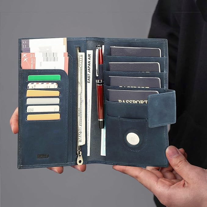 CONTACTS Full Grain Leather Family Passport Holder for 4 RFID Blocking Passport Wallet Compatible with Airtag Passport Cover with 4 Passport Slot, 6 Card Slot (Blue)