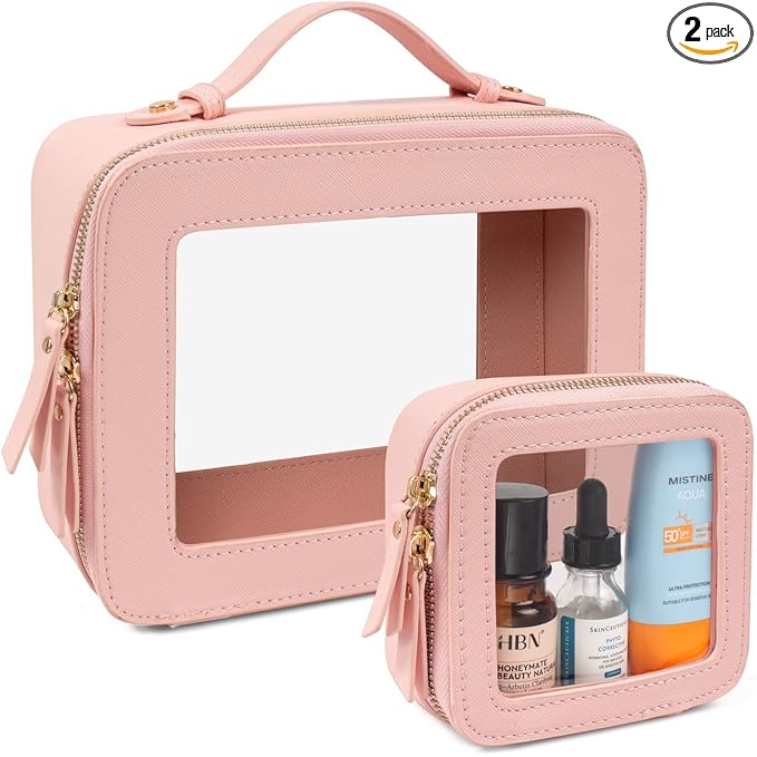LETGO Clear Makeup Bags Set - TSA Approved Toiletry Bag with Handle Large Opening, Clear Toiletry Bags Case Pouch for Traveling Travel Car Orangizer Storage Essentials (Mini+Large Pink)