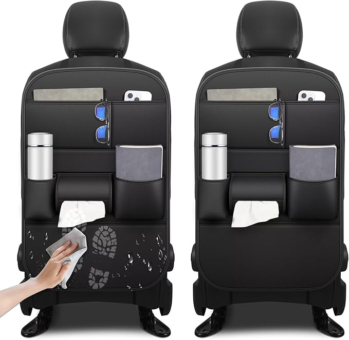 Back Seat Protector 2 Pack Fit For Jeep Grand Cherokee Car Kick Mats with Cup & Tissue Storage Organizer Pockets Waterproof Dirt Proof Faux Leather Auto Accessories For Kids(1 Pair Black)