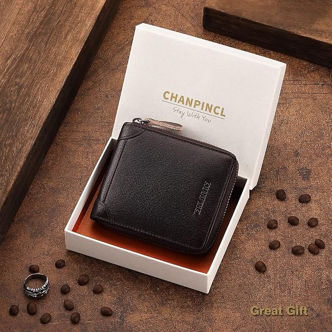 Mens Genuine Leather Zipper Wallet RFID Secure Large Capacity Double Fold Multi-card Leather Wallets for Men and coin purse