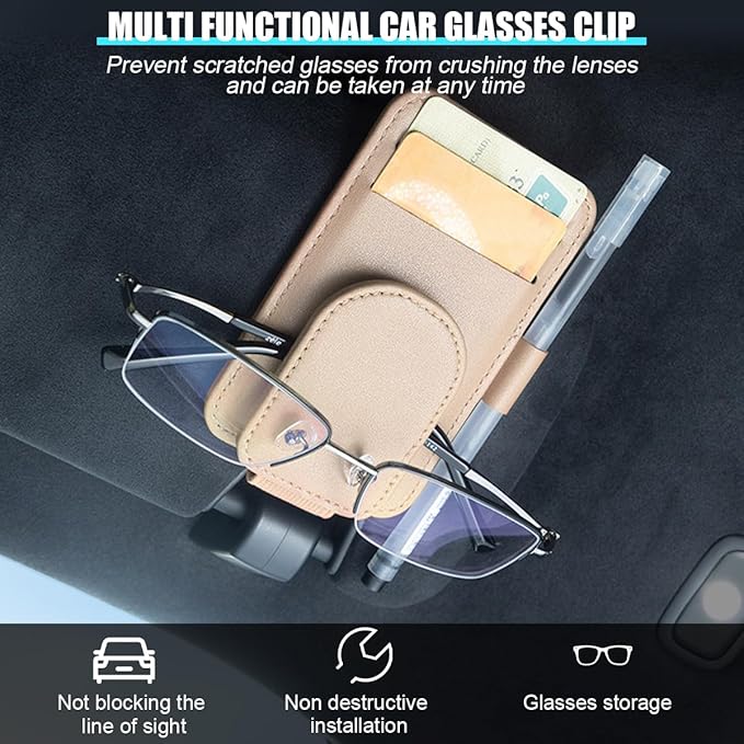 Car Sun Visor Organizer, Magnetic Leather Auto Sunglass Card Pocket Holder for Registration & Drving License, Vehicle Interior Glasses Clip Accessories, Universal for SUV Sedan Truck (Apricot)