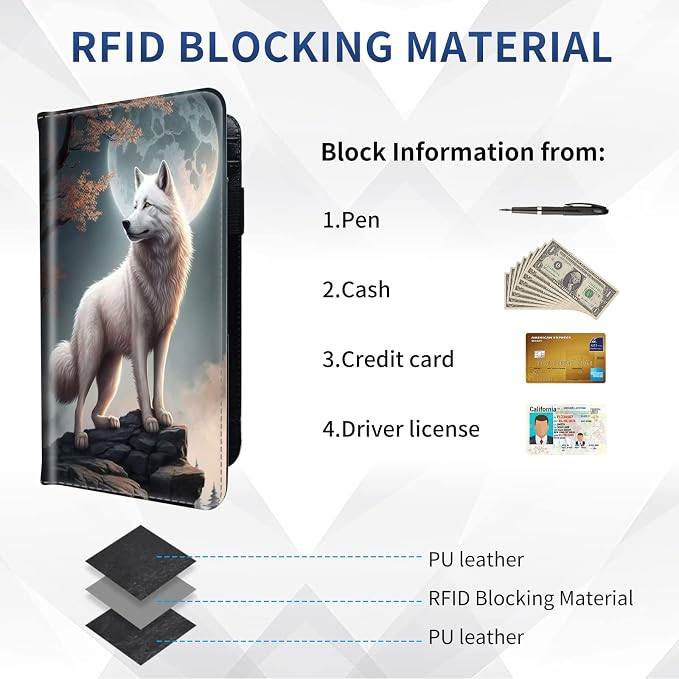 Checkbook Cover - PU Leather Standard Duplicate Register Check Card Book Holder Wallet with RFID Blocking Function for Girl Men Women, White Wolf