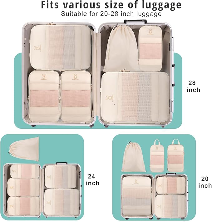 Compression Packing Cubes for Travel, Bunnychill Portable Zipper Packing Cube for Cloting, Expandable Space Saver Storage Luggage Organizer Bags for Suitcases