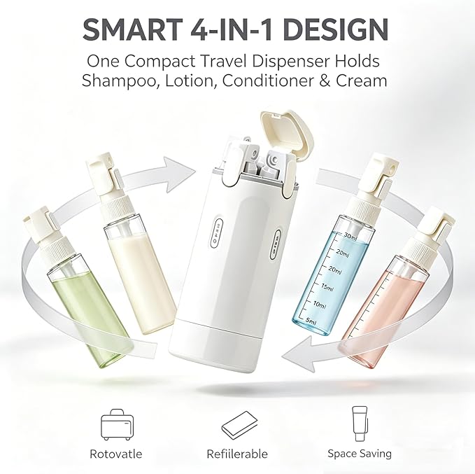 4 in 1 Travel Dispenser Bottle, 30ML Leak Proof Travel Size Toiletries Containers with Labels & Scale, Portable Refillable Travel Bottles for Shampoo Lotion Conditioner Cream, Carry Friendly(1White)