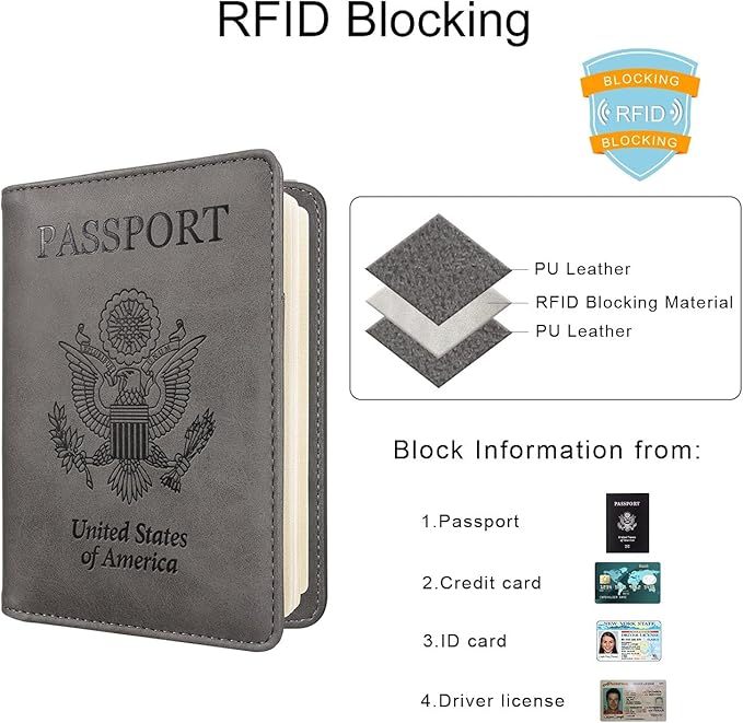 WALNEW Passport Holder for Travel, RFID Passport Cover Wallet for Women Men, PU Leather Passport Book Card Holder Case with Pen (Upgraded, Upgraded-Gray)