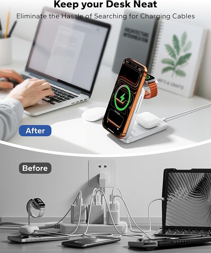 KPON 3-in-1 for Magsafe Charging Station, Foldable Travel Charger Stand for Apple, Wireless Magnetic Charging Dock for Multiple Devices iPhone 17 16 15 14 13 12 Series/Apple Watch/Airpods