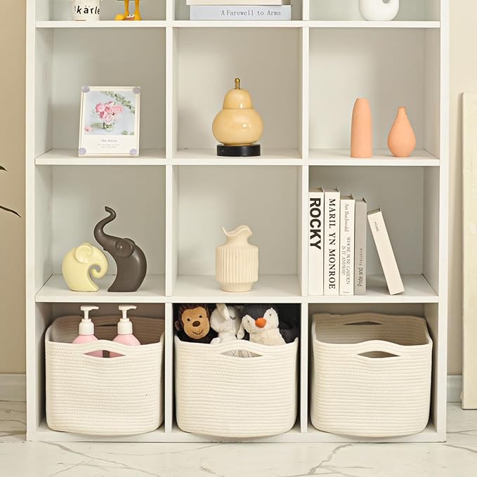ICERZCZ Large Storage Baskets for Organizing Shelves, Woven Cotton Rope Bins for Baby Nursery Organization, Book Toy Towel Organizer, 17"x13"x9.5", 3 Packs, Off White