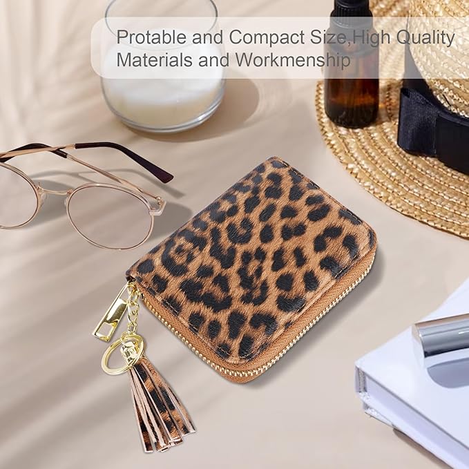 Coco Rossi Women's Small Credit Card Wallet RFID Cute Card Holder for Women with Tassel, Leopard