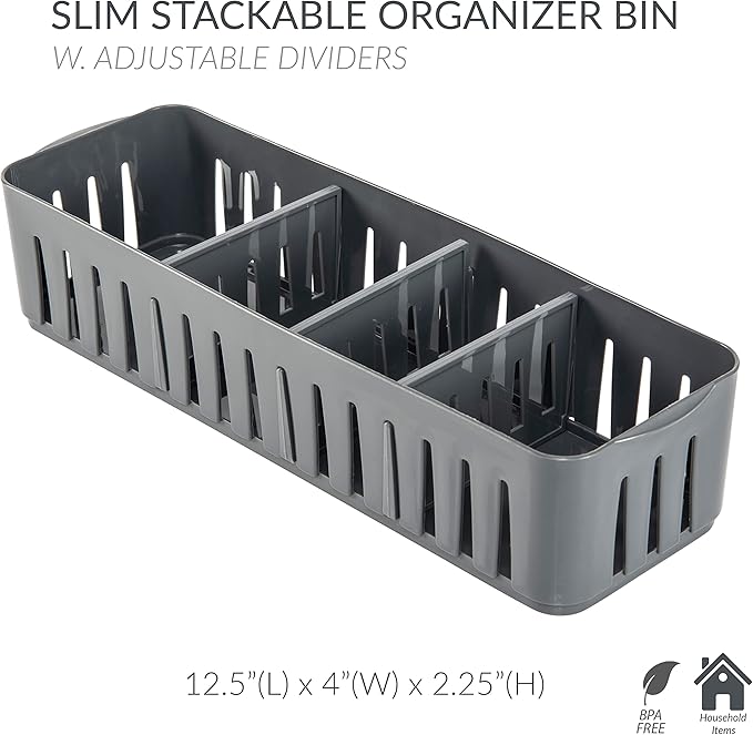 Simplify 2 Pack 4 Compartment Stackable Bin with Adjustable Dividers | Drawer Organizer | Storage Basket | Good for Office | Desk Supplies | Dorm |Bathroom | Accessories | Make Up | Grey