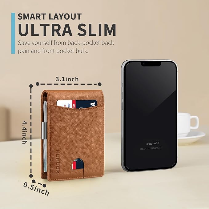 RUNBOX Slim Money Clip Wallets for Men RFID Blocking 11 Card Holder Minimalist Small Leather Bifold Men's Front Pocket Wallet Gift Box