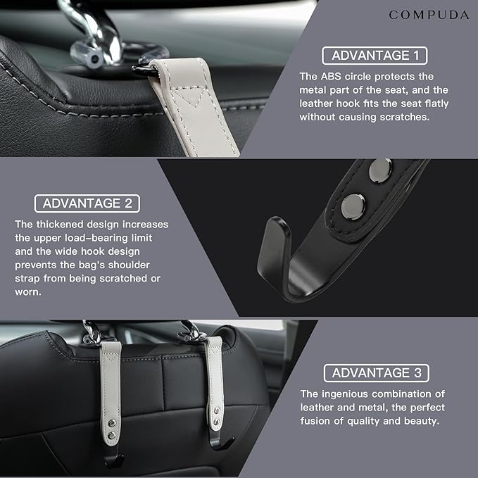Car Headrest Hook 2 Pack Car Hook Holder Leather Headrest Hooks for Purses and Bags,SUS304 Car Hook (Grey)