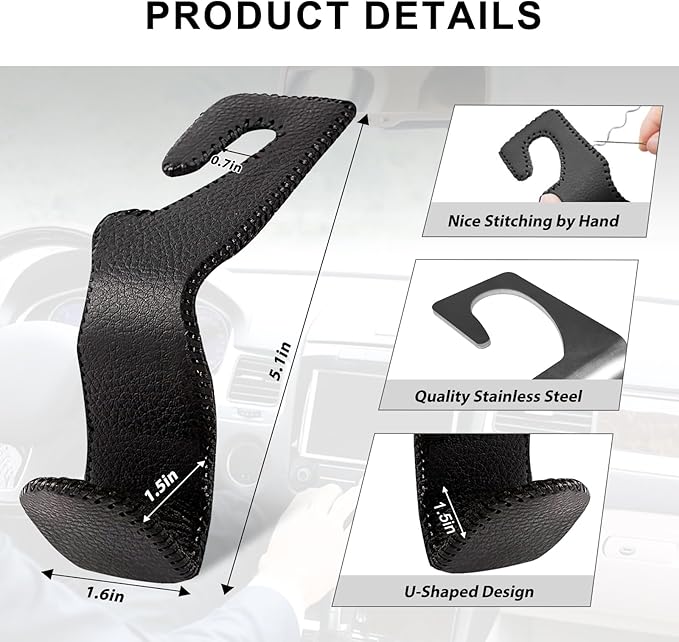 Car Headrest Hooks, 2 Pack Leather Car Purse Holder, Car Back Seat Organizer for Purse Coats Umbrellas Groceries