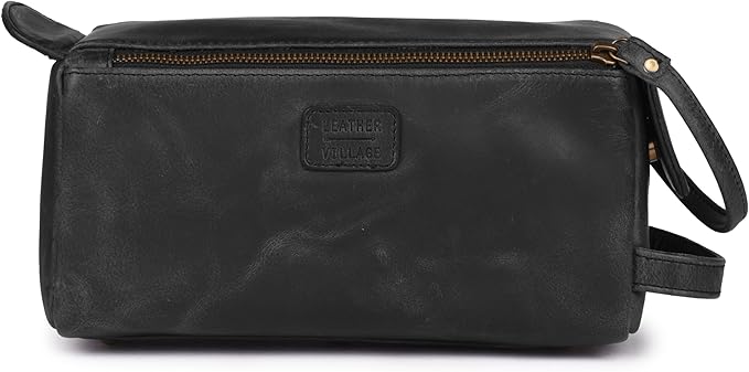 LEATHER VILLAGE Genuine Leather Travel Toiletry Bag - Water-Resistant Dopp Kit for Toiletries, Large Shaving Bag & Bathroom Organizer - Gift for Men & Women - Distressed Black