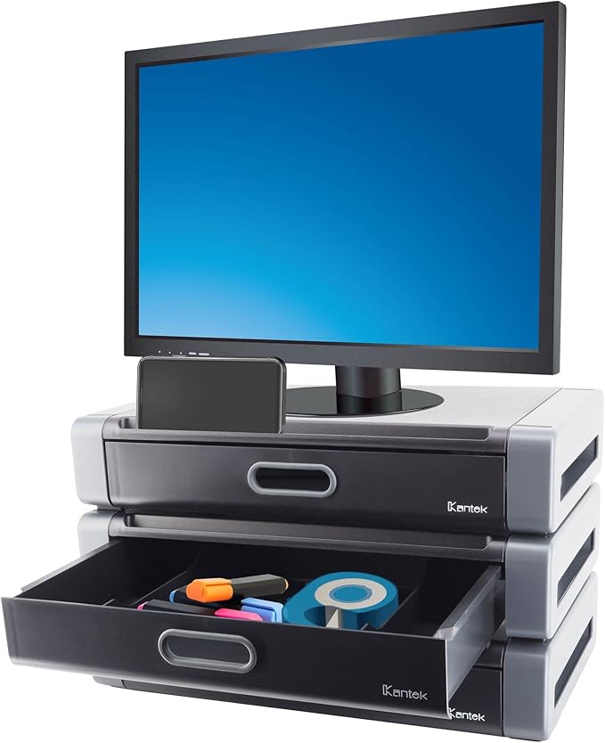 Kantek Monitor Riser with Drawer & Smartphone/Tablet Slot, 19-Inch Wide x 11-Inch Deep x 4-Inch High, Black/Dark Grey (MS760)