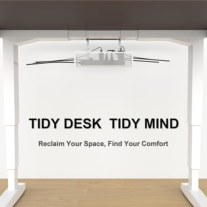 Under Desk Cable Management Tray - Fits up to 1.77" Thick Desks, No-Drill Clamp-on Wire Organizer, Reversible Inward/Outward Install, Heavy Duty Metal Power Strip Holder for Home Office & Gaming Desk