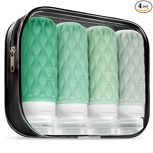 100 ml Silicone Travel Bottles for Toiletries with Labels/Clear Bag, Holiday Travel Essentials Leakproof Refillable Squeeze Travel Size Containers Set for Shampoo and Conditioner