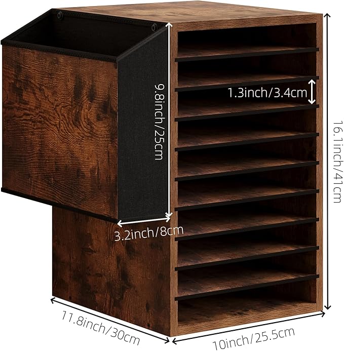 Unionly Office Mail Sorter, Wooden Paper Organizer with Storage Bag, 10 Tier Adjustable Classroom Mailbox, Removable Classroom Organization, Teacher Desk Organization for Office, Study, Brown