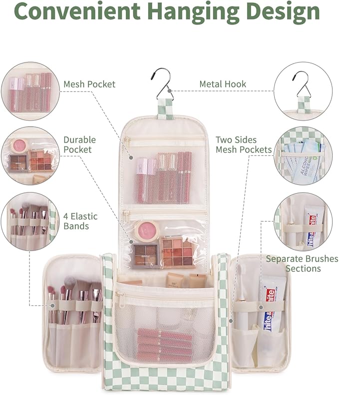 Narwey Travel Toiletry Bag for Women, Checkered Large Hanging Makeup Bag Organizer Cosmetic Make up Bags for Women, Travel Bag for Toiletries (Mint Green Checkerboard)