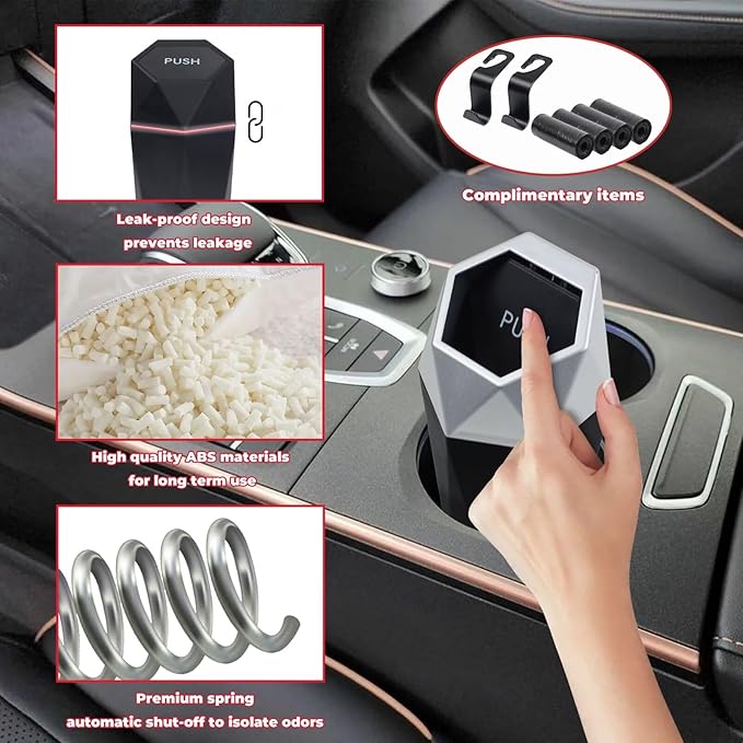 BFXM Car Trash Can, Car Trash Bin with Lid, Car Accessories for Women Interior, Car Garbage Can with Additional 2 ABS Hooks and 60pcs Trash Bags, Suitable for Home, Office, Car Organizer, Black