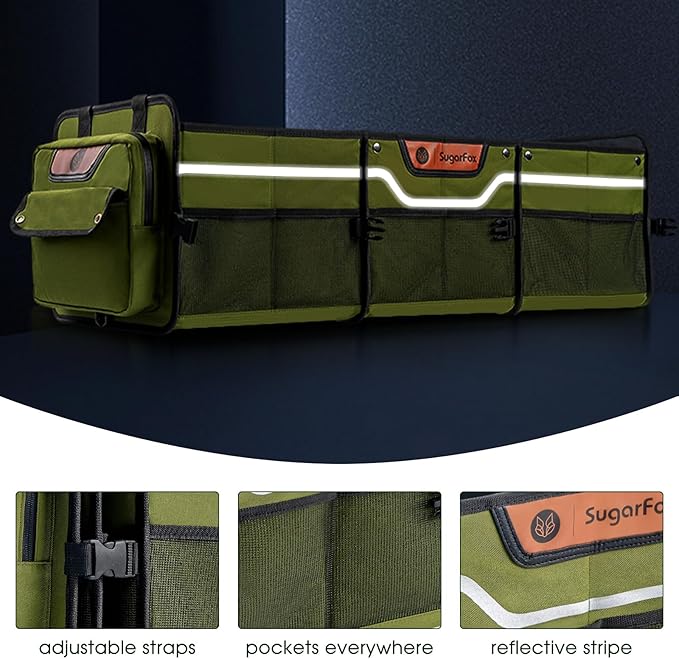 SugarFox Car Trunk Organizer for SUV, Heavy Duty Waterproof Trunk Organizer, Foldable Collapsible Car Organizer with Cooler, Multi-Compartment Large Trunk Organizer (95L), Green-M003