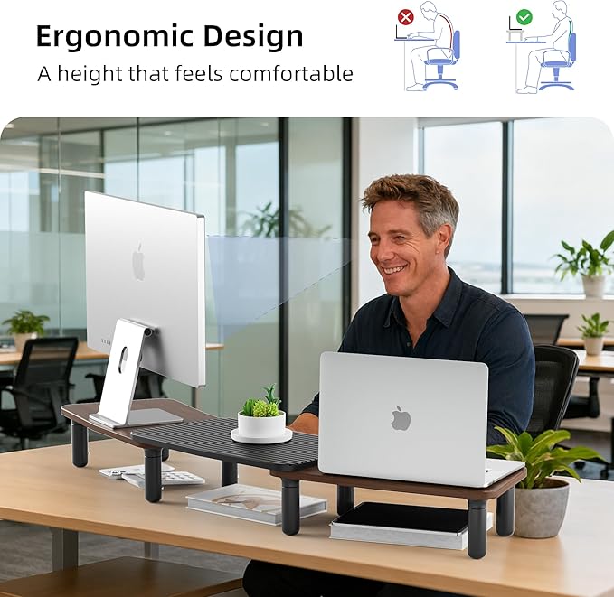 AFOOYO Dual Monitor Stand For Desk,Adjustable Height Long Wood Computer Riser For Computer,Laptop,Printer,TV,Walnut