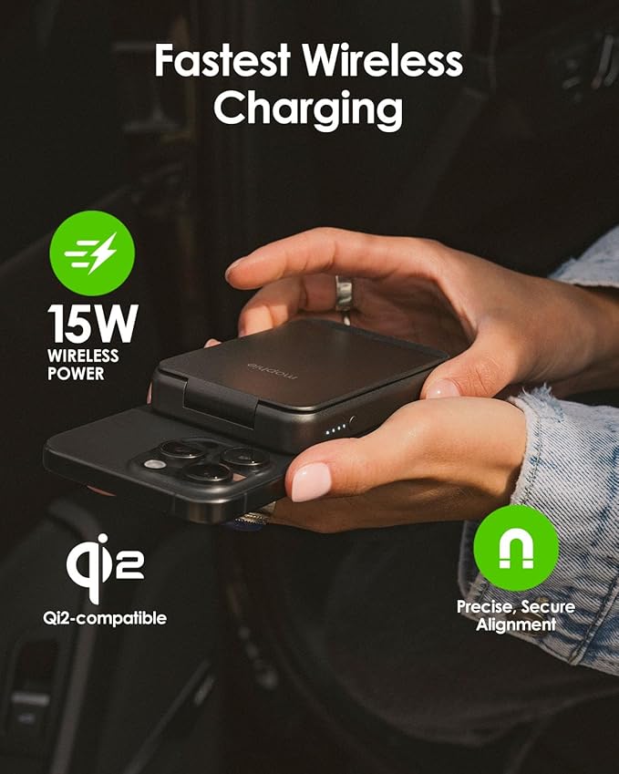 Mophie Snap+ Powerstation Mini with Stand - 5000mAh,15W Qi2 Magnetic Wireless Charger, Portable, Compatible with MagSafe & Qi-Enabled Smartphones, with Kickstand, USB C to USB C Cable Included, Black